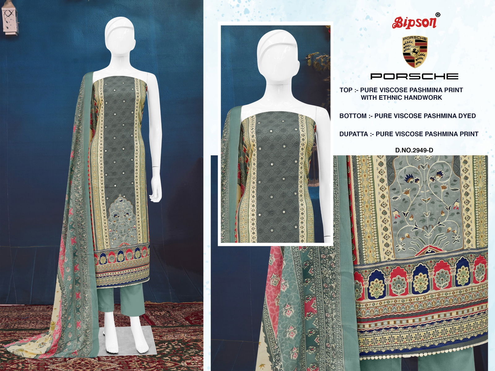 Porsche 2949 By Bipson Pashmina Printed Dress Material Wholesale Shop In Surat
